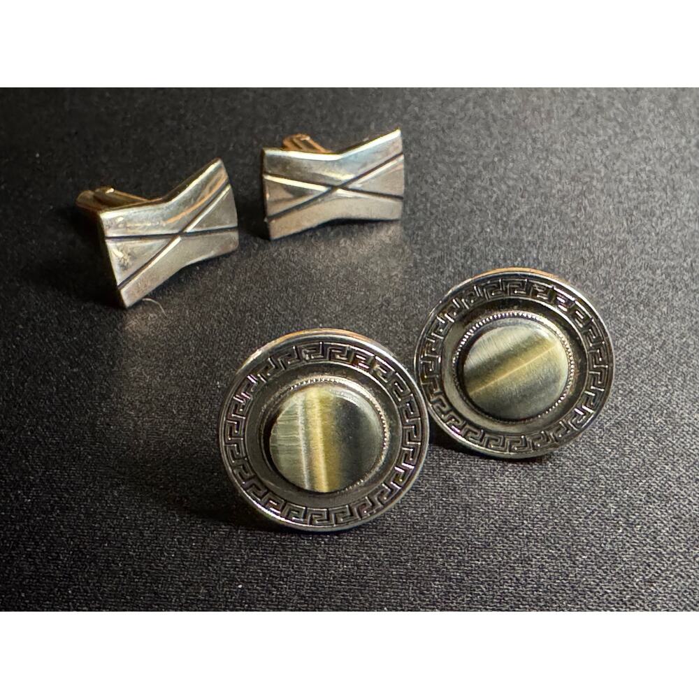 2 Pair of Vintage Cuff Links Silver Agate & Gold Tone Bowtie